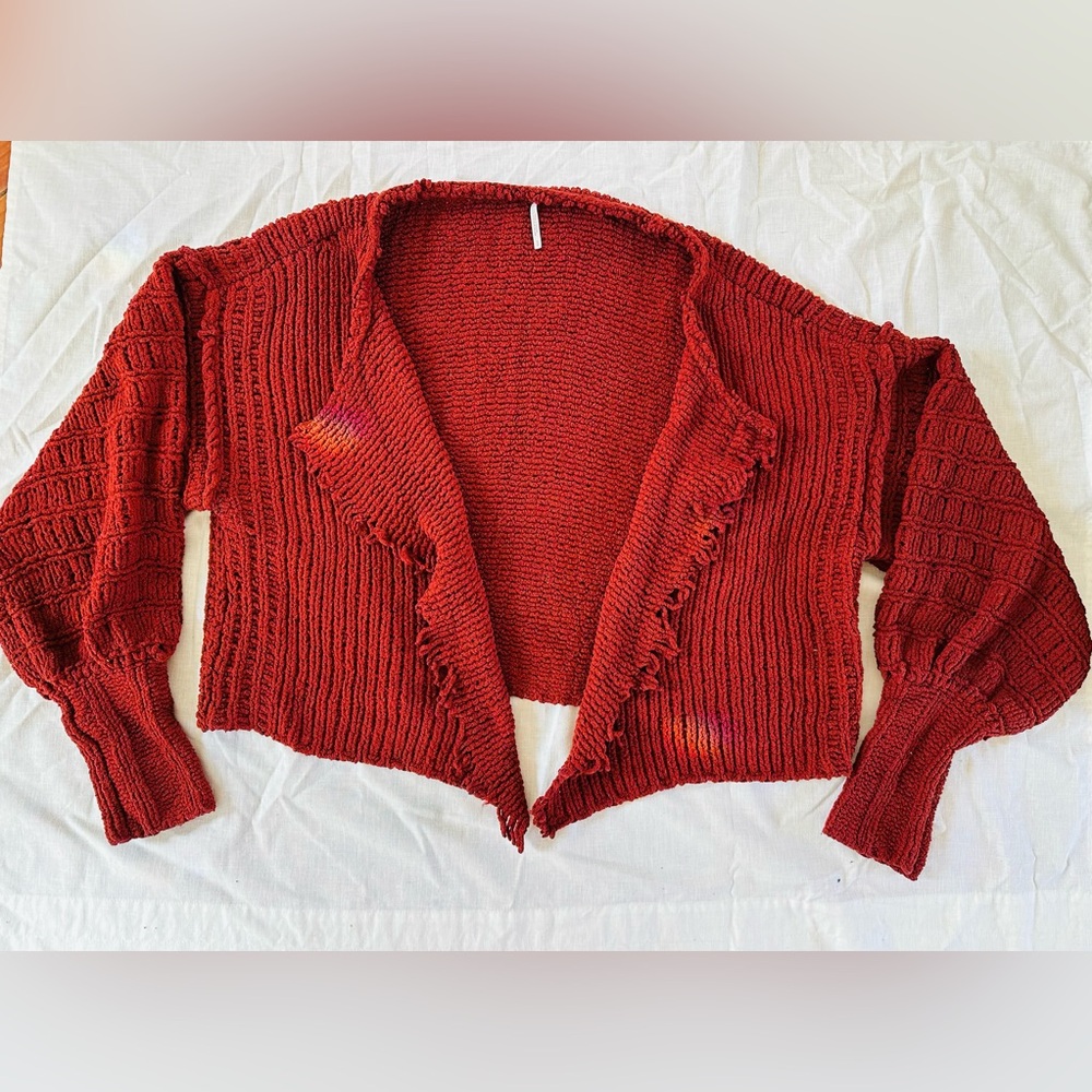 Free People Red Cardigan Sweater with Draped Collar